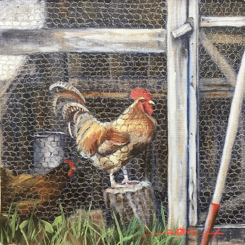 Rooster and Hen. Oil Painting by Sharon Rusch Shaver