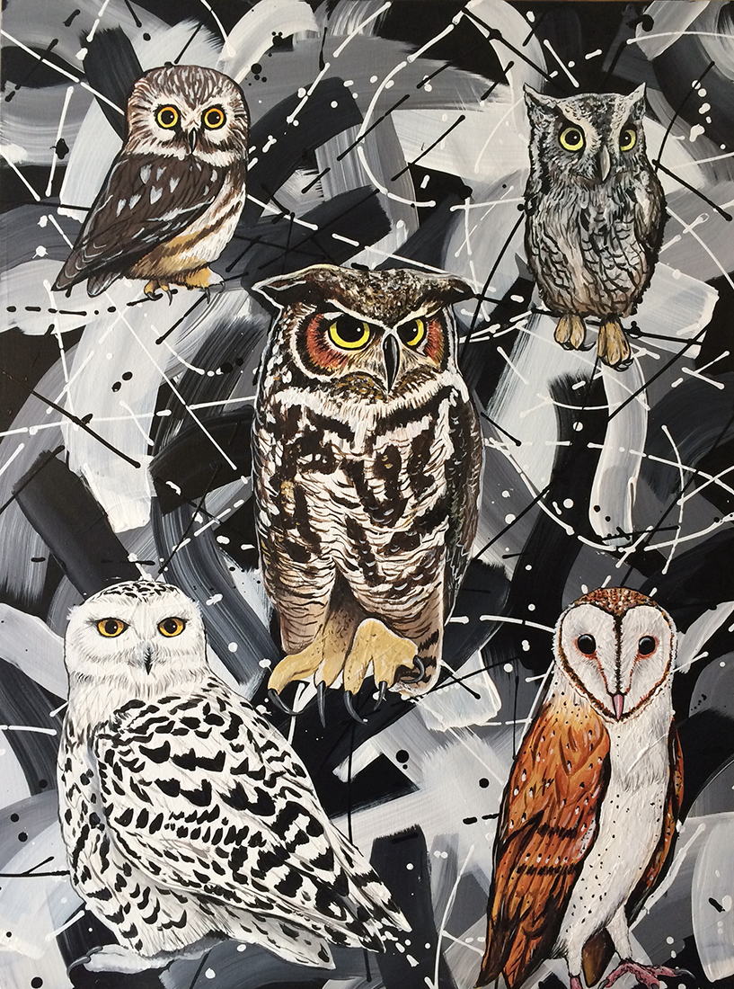 Owls with Black and White Abstract by Donald Woods (Acrylic Painting)