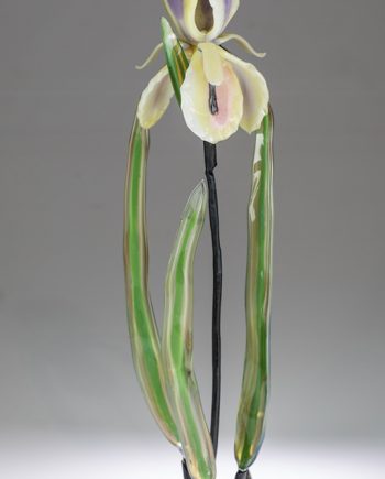 Iris on Leaves by Loy Allen (Art Glass Sculpture) | American Artwork