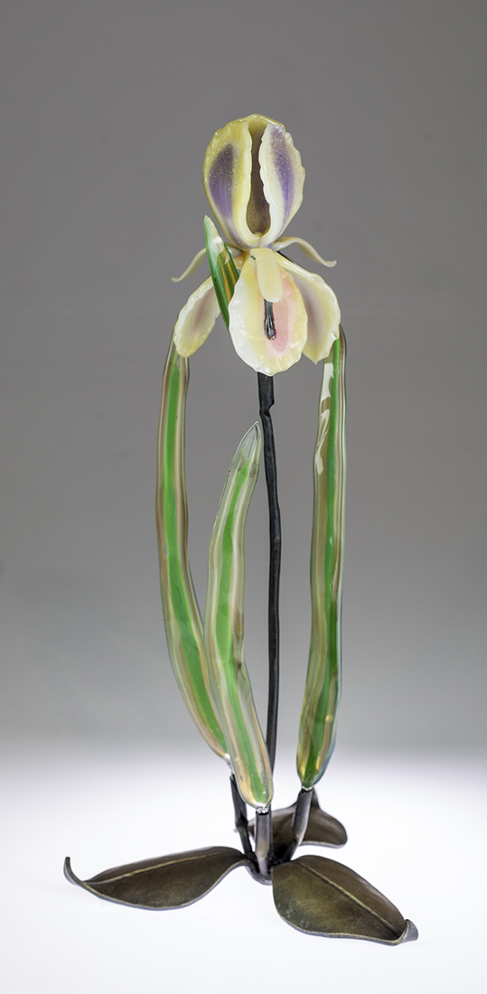 Iris on Leaves by Loy Allen (Art Glass Sculpture) | American Artwork