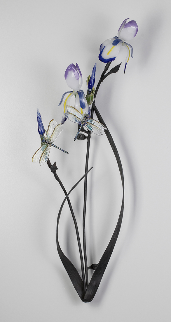 Iris with Dragonflies by Loy Allen (Art Glass Sculpture) | American Artwork